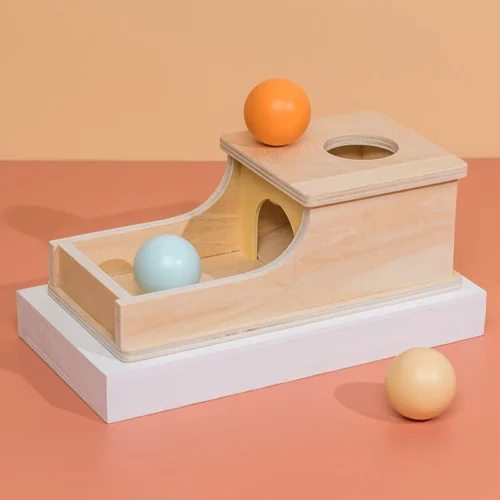 Montessori Ball Drop Box: wooden object permanence box with tray and three balls